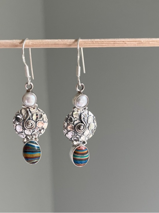 Jewelry - Sterling Silver Pearl and Rainbow Calsilica Drop Earrings
